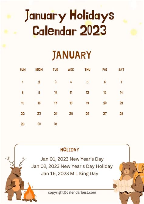 January Holidays Calendar 2023 Printable Template In Pdf
