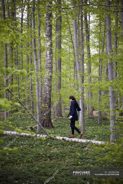 Woman Walking In Woods — Natural Beauty Wellbeing Stock Photo