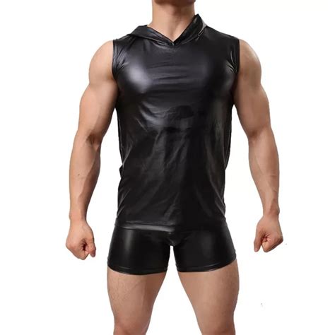 Sexy Hot Erotic Lingerie Mens Faux Leather Hooded Tank Vest Latex