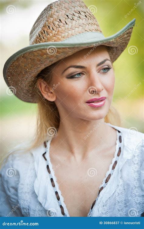 Attractive Blonde Girl With Straw Hat And White Blouse Stock Image Image Of European Long