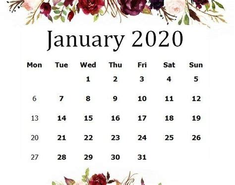 Cute January 2020 Floral Desk Calendar Calendar Print Calendar