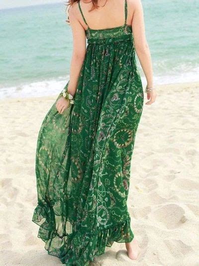 Green Chiffon Floral Print Straps V Neck Bohemian Beach Maxi Dress Beach Maxi Dress Printed