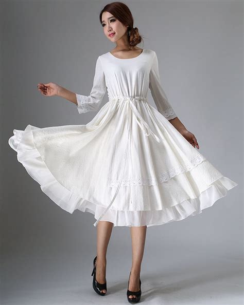 White Dress Little White Dress Tea Length Dress Midi Dress Etsy
