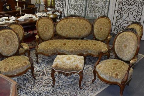 Walnut Carved Drawing Room Furniture Set With Velvet Brocade Seating
