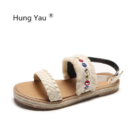 Hung Yau Women Summer Female Slippers Flat Fashion Women Bohemia Straw Sandals Shoes Peep Toe