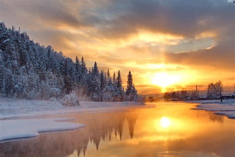 Winter River Snow Sunrise Beautiful Views Wallpapers 4500x3000
