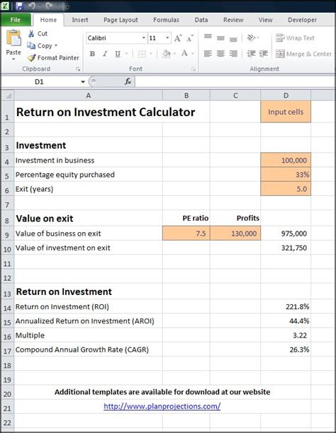 Return On Investment Calculator Plan Projections