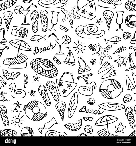 Summer Beach Hand Drawn Seamless Pattern Vacation Doodles On White