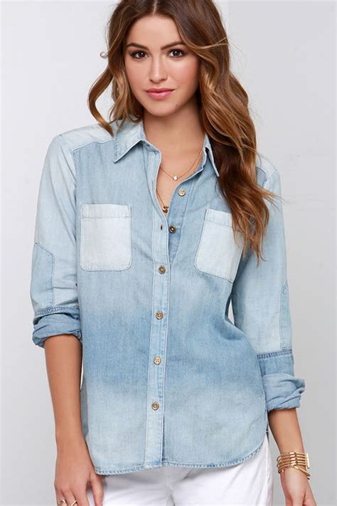 Jean Button Up Top Light Wash Jean Shirt Long Sleeve Shirt 8400 Lulus