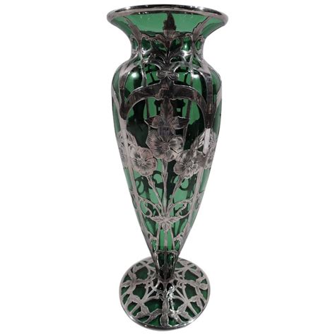 Alvin American Art Nouveau Green Silver Overlay Vase At 1stdibs
