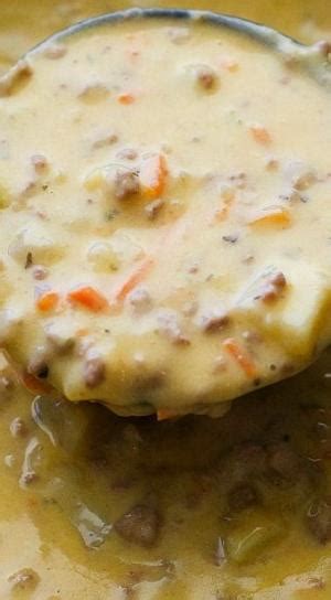 Pour the chicken broth into a. Crock pot Bacon Cheeseburger Soup! Makes a ton. 1 lb ground beef browned 2 lb velvetta 2 lb hash ...