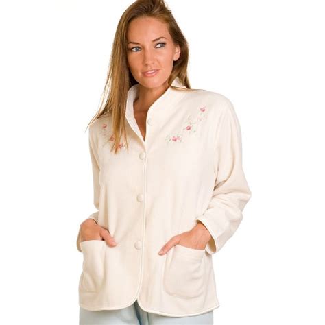 Ladies Camille Cream Embroidered Fleece Bed Jacket Womens Night Jacket