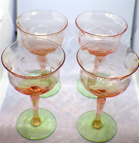 Pink Green Depression Cordial Glasses Set Of Etched Etsy