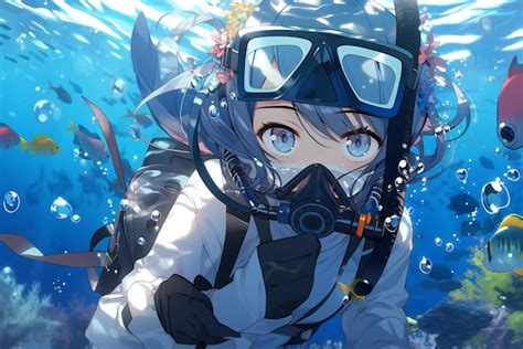 Premium Ai Image Scuba Diving Anime Girl In A Suit With A Mask On Her