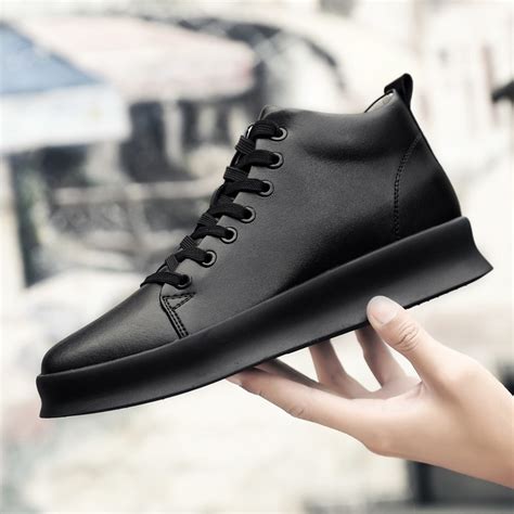 High Quality All Black Mens Leather Casual Shoes Increase Simple Pure