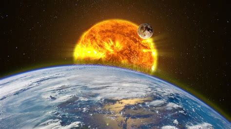 Planet Earth In Space And Lens Flare From The Rising Sun Stock Photo