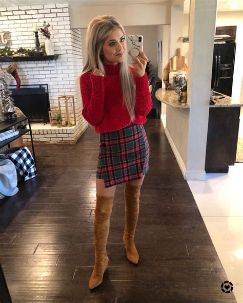 Red Sweater With A Plaid Skirt And Thigh High Brown Boots Visit Daily