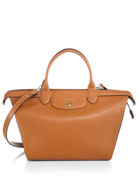 Longchamp Le Pliage Heritage Saffiano-Leather Satchel in Brown (AMBER) | Lyst