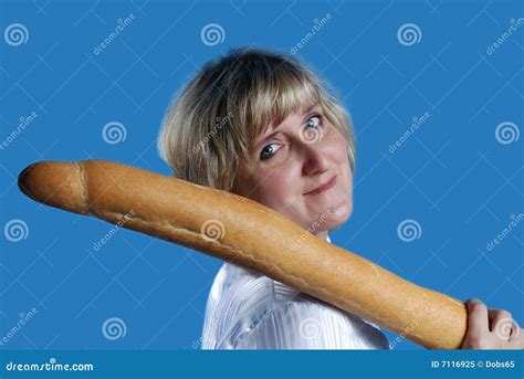 Woman With Long Bread Roll Stock Image Image Of Bakery 7116925