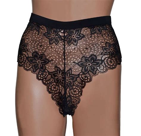 High Waisted High Leg Black Lace Panties With Scalloped Lace