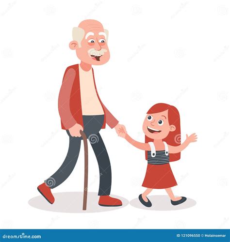Granddaughter Walking With His Grandmother Cartoon Vector