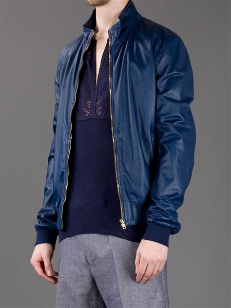 Gucci Leather Bomber Jacket In Blue For Men Lyst