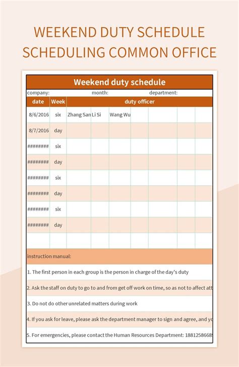 Weekend Duty Schedule Scheduling Common Office Excel Template And