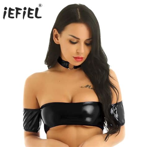 womens shiny strapless bandeau tube bra party sexy clubwear tank tops with o ring collar choker