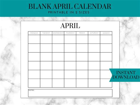 April Printable Calendar Blank Calendar Printable Printable Etsy