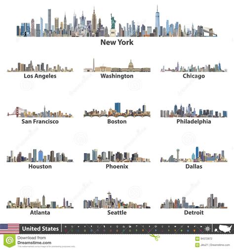 Vector Illustration Of Largest United States City Skylines Navigation