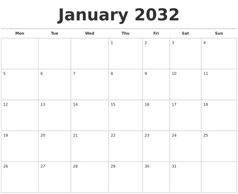 January 2032 Calendars Free