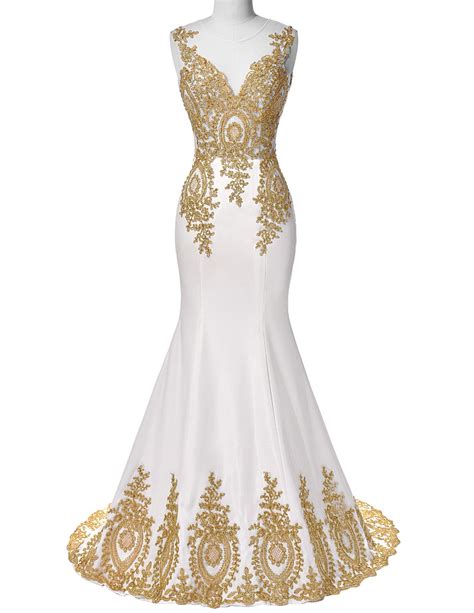White Long Satin Prom Dressmermaid Elegant Evening Dressesgold Beaded