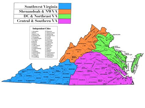 Virginia Regional Areas Shown In Color