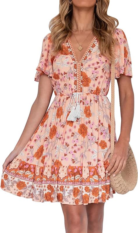 leani women s summer v neck bohemian floral print mini dress short sleeve ruffle beach short