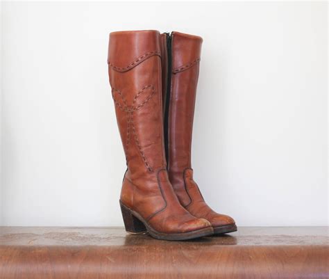Womens Brown Leather Knee High Fashion Boots With Heels Vintage Zip Up