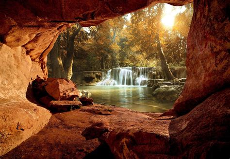Lake Forest Waterfall Cave Wall Paper Mural Buy At Europosters