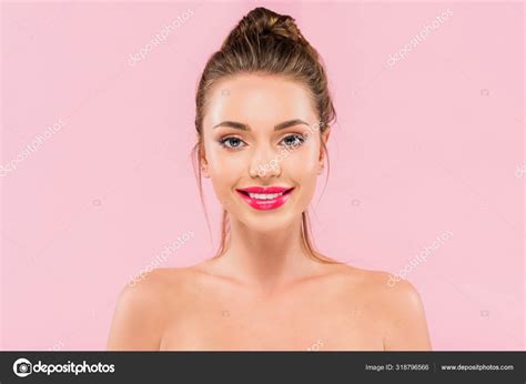 Smiling Naked Beautiful Woman Pink Lips Isolated Pink Stock Photo