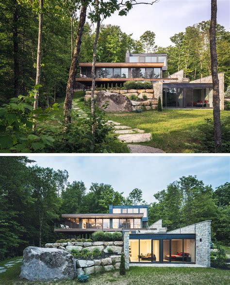 Wood And Stone Cover The Exterior Of This Multi Level Modern House In