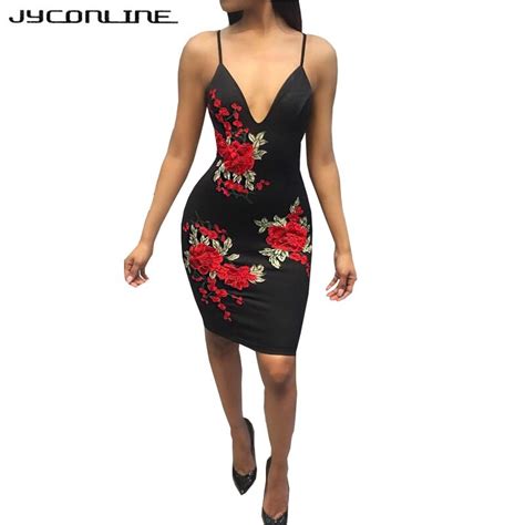 Jyconline Sexy Summer Dress 2017 Deep V Neck Flower Embroidery Dress