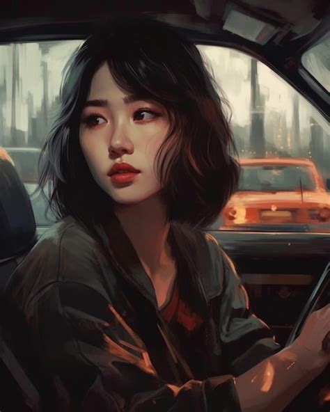 Premium Ai Image A Woman In A Car With A Red Lipstick On Her Lips
