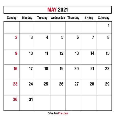 May 2021 Monthly Planner Calendar Printable Free Sunday Start