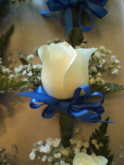 White Rose Boutonniere With Blue Ribbon Boutonniere
