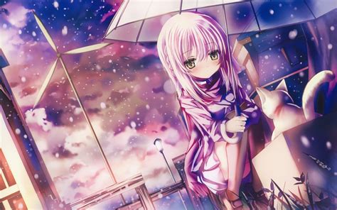 Anime Girls Umbrella Original Characters Cat Snow