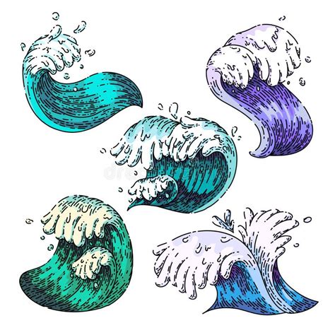 Hand Drawn Ocean Waves Vector Set Sea Storm Wave Isolated Stock