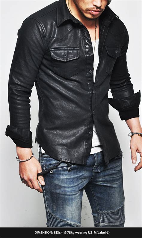 Masculine Edge Design Stretchy Mens Black Faux Leather Western Shirt