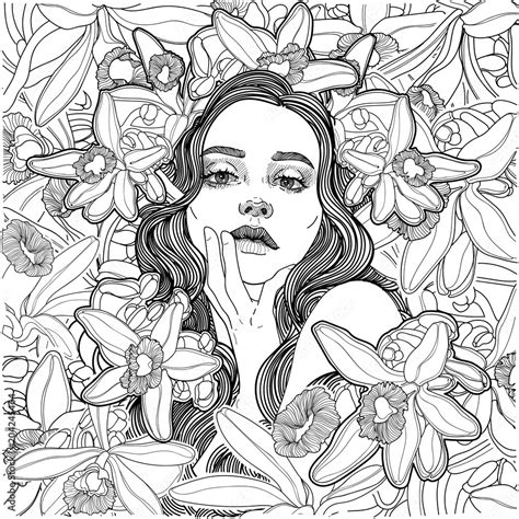 Vector Beautiful Girl Face In Flowers Of Spicy Vanilla Black And White