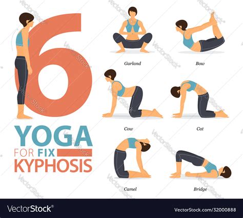 6 Yoga Poses For Workout In Kyphosis Fix Concept Vector Image