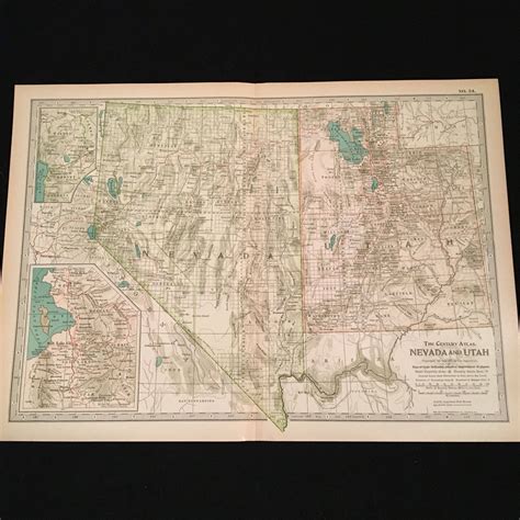 Antique Map Of Nevada And Utah 1902 Century Atlas Map Large Etsy