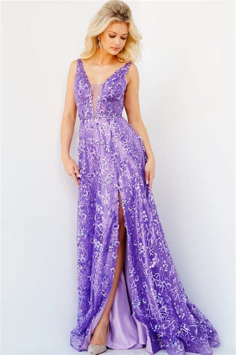 Jovani 08422 Purple Plunging Neckline Sleeveless Prom Dress