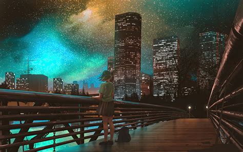 1920x1200 City Night Anime Girl Watching 4k 1080p Resolution Hd 4k Wallpapers Images